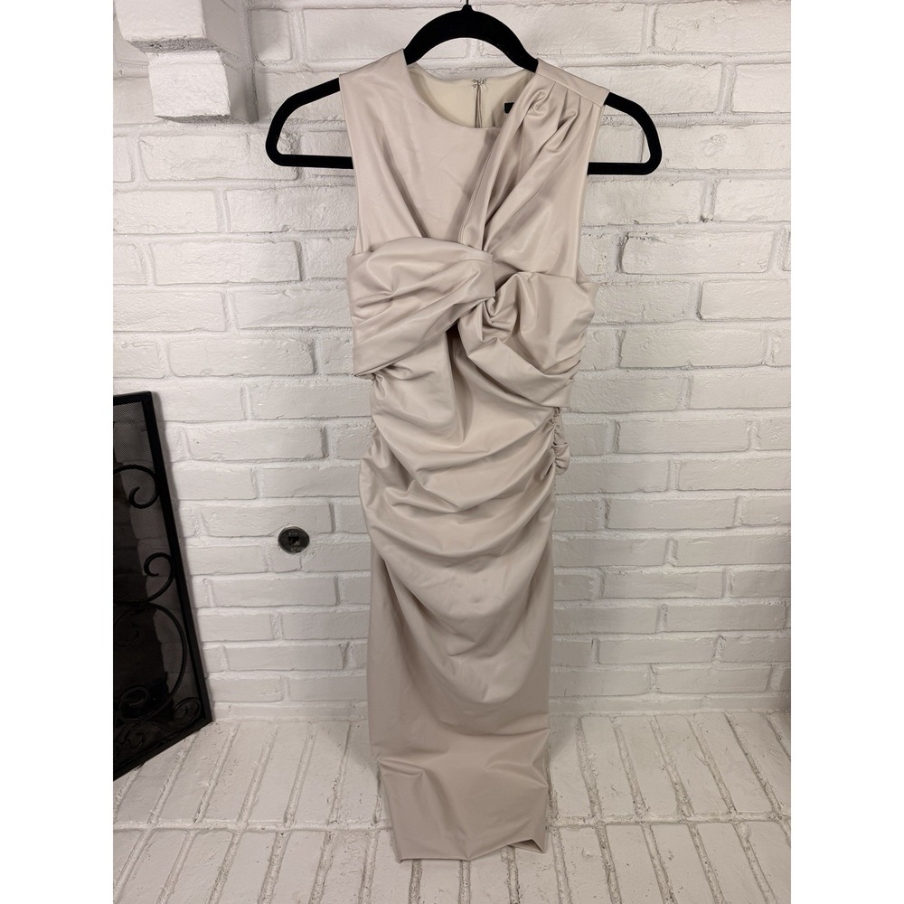 Express XS Body Contour Faux Leather Twist Front Midi Dress Mocha Ruched